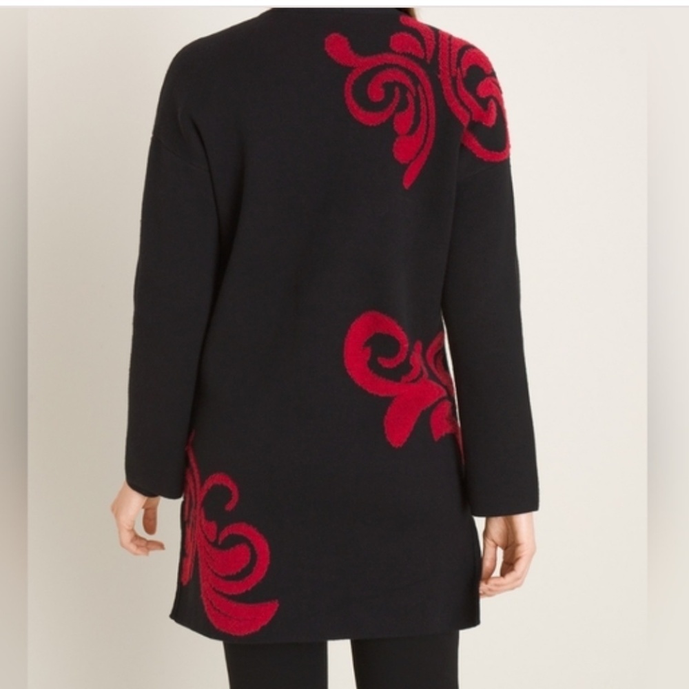 NWT Chicos Cardigan Open Front Longer Length Black Red Textured Scroll Pattern 2 - Picture 3 of 16